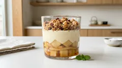 パイ生地いらずでしっとり甘い：蒸し煮りんごと豆乳カスタードの3層アップルクランブル