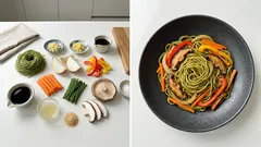 レモン醤油で後味すっきり。モロヘイヤヌードルのヴィーガン焼きそば(フライパン1つ)